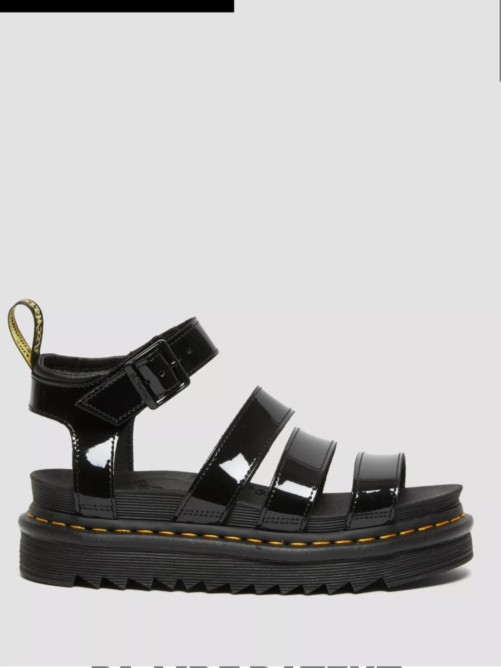 Dr. Martens Black Patent Leather Strappy Sandals with Yellow Stitching